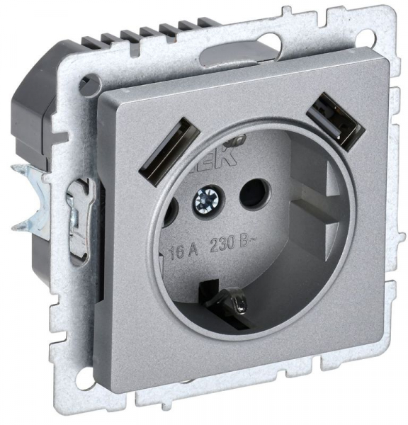 Розетка BRITE РЮш10-2-БрА 16А с USB A+A 3.1А с заземл. защ. шторки механизм алюм. IEK BR-R14-16-U21-D31-K47 ТехноИмпульс