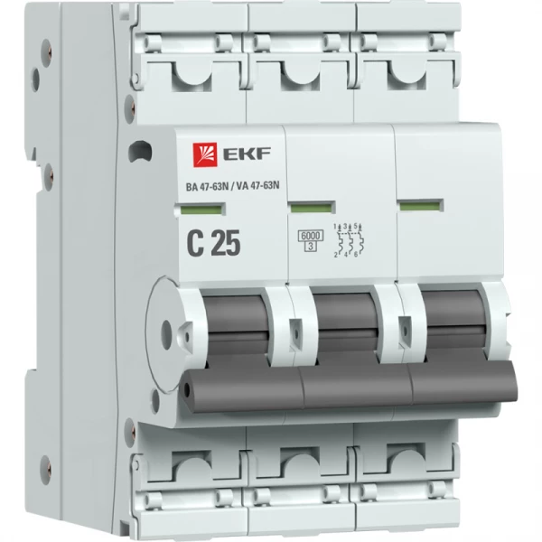 Выключатель автоматический 3п C 25А 6кА ВА 47-63N EKF PROxima EKF M636325C ТехноИмпульс