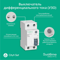 Выключатель дифференциального тока (УЗО) 2п 63А 30мА тип AC City9 Set 230В SE C9R36263 ТехноИмпульс