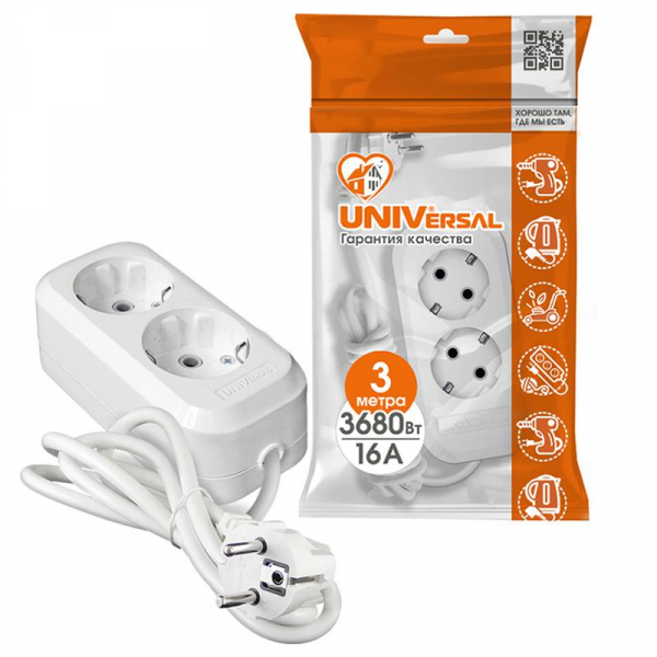 Удлинитель 2х3м с заземл. IP20 Е-302А ПВС 3х1.5 Universal 1718 ТехноИмпульс