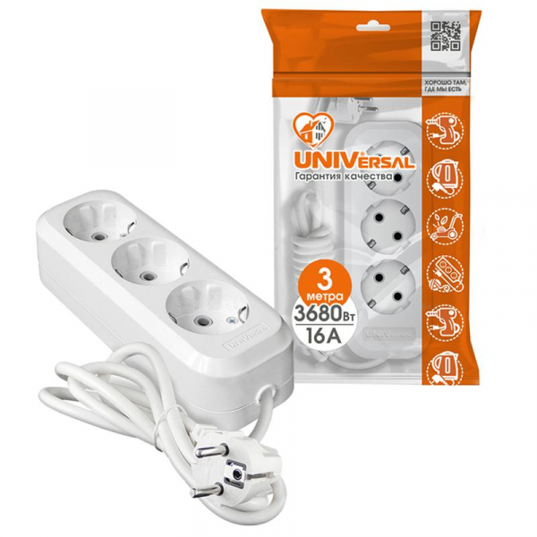 Удлинитель 3х3м с заземл. IP20 Е-303А ПВС 3х1.5 Universal 1722 ТехноИмпульс