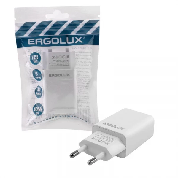 Адаптер сетевой 1USB 100-220В 5-9В/2А пакет бел. Ergolux 15203 ТехноИмпульс