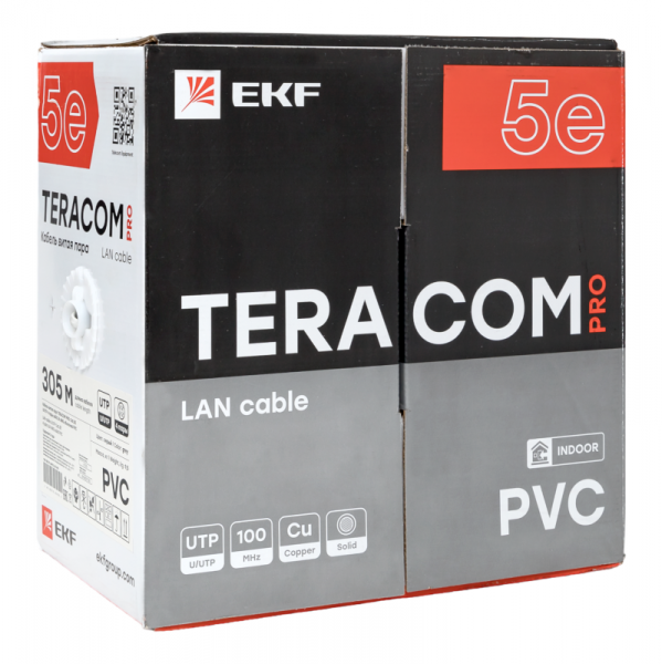 Кабель витая пара U/UTP кат.5E 4 пары 24 AWG solid PVC сер. TERACOM PRO PRO EKF TRP-5EUTP-04PVC-GY-IN3 ТехноИмпульс