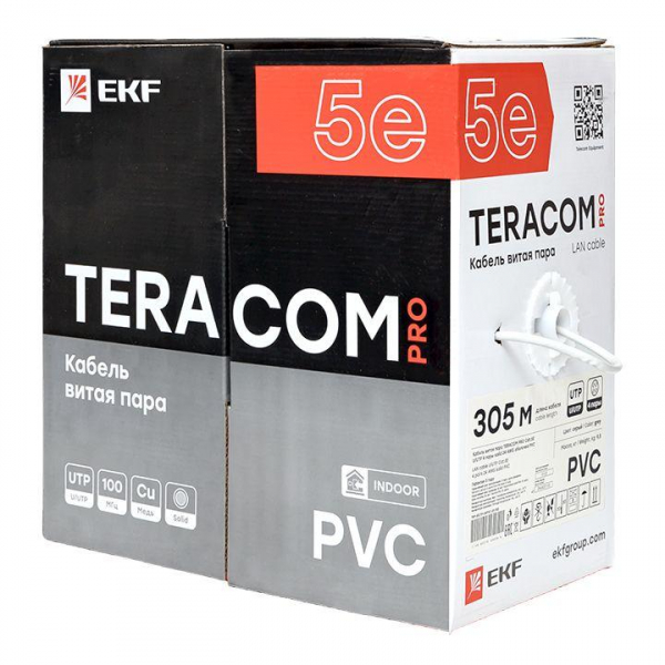 Кабель витая пара U/UTP кат.5E 4 пары 24 AWG solid PVC сер. TERACOM PRO PRO EKF TRP-5EUTP-04PVC-GY-IN3 ТехноИмпульс