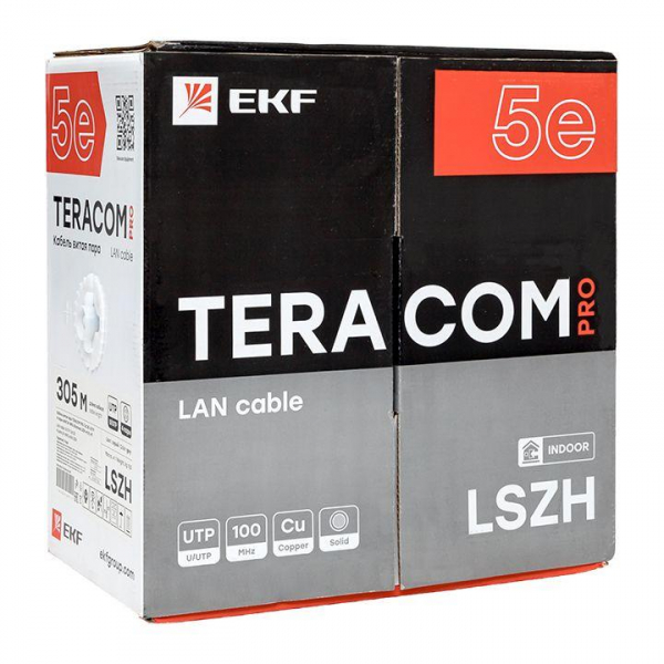 Кабель витая пара U/UTP кат.5E 4 пары 24 AWG solid LSZH нг(А)-HF сер. TERACOM PRO EKF TRP-5EUTP-04LSH-GY-IN3 ТехноИмпульс