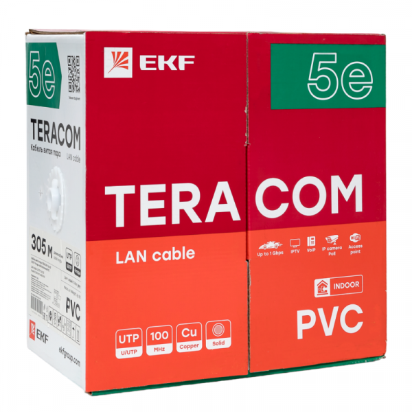 Кабель витая пара U/UTP кат.5E 4 пары solid PVC сер. TERACOM EKF TRC-5EUTP-04PVC-GY-IN3 ТехноИмпульс