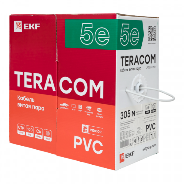 Кабель витая пара U/UTP кат.5E 4 пары solid PVC сер. TERACOM EKF TRC-5EUTP-04PVC-GY-IN3 ТехноИмпульс