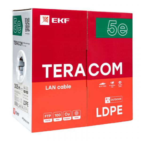 Кабель витая пара F/UTP кат.5E 4 пары solid внешн. LDPE черн. TERACOM EKF TRC-5EFTP-04PE-BK-OUT3 ТехноИмпульс