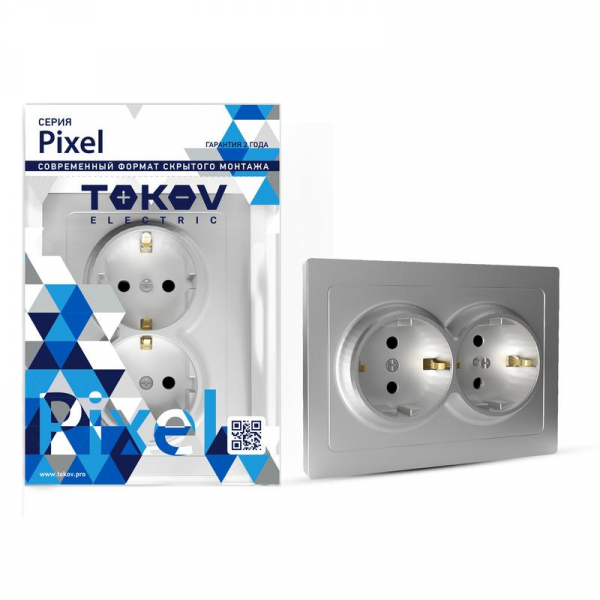 Розетка 2-м СП Pixel 16А IP20 с заземл. защ. шторки в сборе алюм. TOKOV ELECTRIC TKE-PX-R2FZSF-C03 ТехноИмпульс