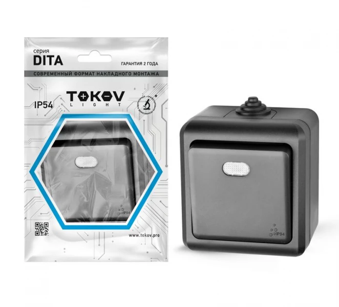 Выключатель 1-кл. ОП Dita IP54 10А 250В с индикацией карбон TOKOV ELECTRIC TKL-DT-V1I-C14-IP54 ТехноИмпульс