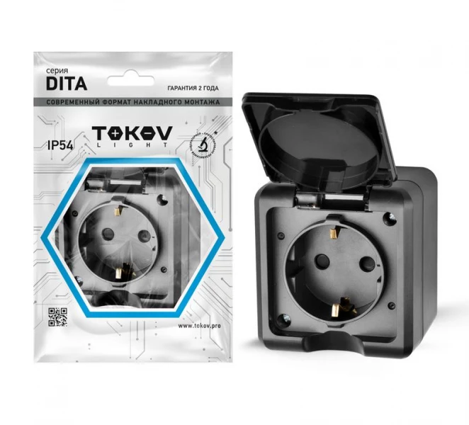 Розетка 1-м ОП Dita 16А IP54 250В с заземл. с крышкой карбон TOKOV ELECTRIC TKL-DT-R1Z-C14-IP54 ТехноИмпульс