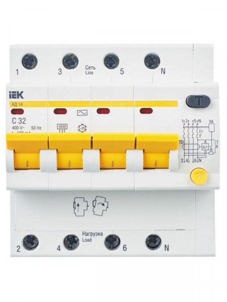 Выключатель автоматический дифференциального тока 4п C 32А 100мА тип AC 4.5кА АД-14 KARAT IEK MAD10-4-032-C-100 ТехноИмпульс