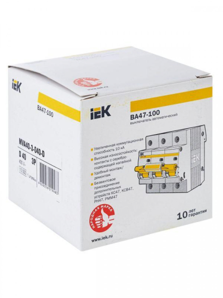 Выключатель автоматический модульный 3п D 40А 10кА ВА47-100 KARAT IEK MVA40-3-040-D ТехноИмпульс