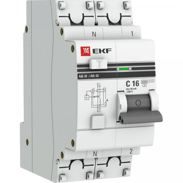 Выключатель автоматический дифференциального тока 2п (1P+N) C 16А 30мА тип AC 6кА АД-32 защита 270В электрон. PROxima EKF DA32-6-16-30-ac-pro ТехноИмпульс