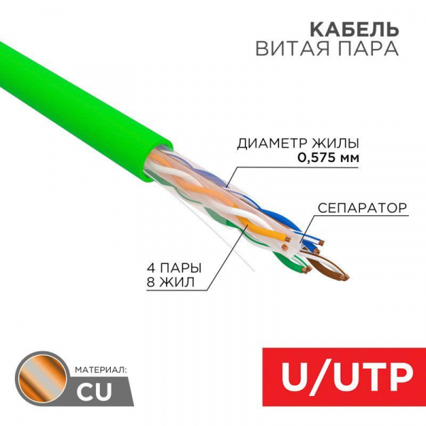 Кабель витая пара U/UTP кат.6 4х2х0.575 23 AWG нг(А)-HFLTx INDOOR SOLID зел. (305м) Rexant 01-0072 ТехноИмпульс