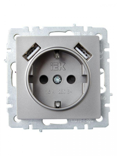 Розетка BRITE РЮш10-1-БрС 16А с USB A+A 2.1А с заземл. защ. шторки механизм сталь IEK BR-R14-16-U21-D21-K46 ТехноИмпульс
