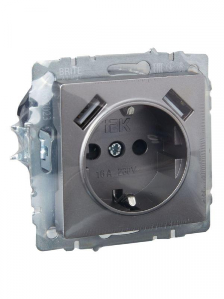 Розетка BRITE РЮш10-1-БрС 16А с USB A+A 2.1А с заземл. защ. шторки механизм сталь IEK BR-R14-16-U21-D21-K46 ТехноИмпульс