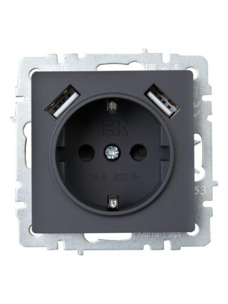 Розетка BRITE РЮш10-1-БрГ 16А с USB A+A 2.1А с заземл. защ. шторки механизм графит IEK BR-R14-16-U21-D21-K53 ТехноИмпульс