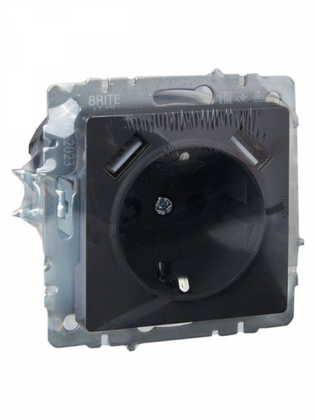 Розетка BRITE РЮш10-1-БрГ 16А с USB A+A 2.1А с заземл. защ. шторки механизм графит IEK BR-R14-16-U21-D21-K53 ТехноИмпульс