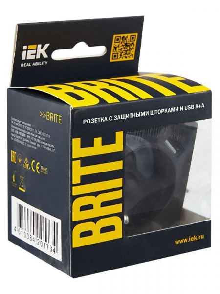 Розетка BRITE РЮш10-1-БрГ 16А с USB A+A 2.1А с заземл. защ. шторки механизм графит IEK BR-R14-16-U21-D21-K53 ТехноИмпульс