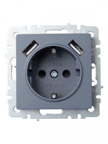 Розетка BRITE РЮш10-1-БрМ 16А с USB A+A 2.1А с заземл. защ. шторки механизм маренго IEK BR-R14-16-U21-D21-K35 ТехноИмпульс