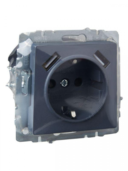 Розетка BRITE РЮш10-1-БрМ 16А с USB A+A 2.1А с заземл. защ. шторки механизм маренго IEK BR-R14-16-U21-D21-K35 ТехноИмпульс