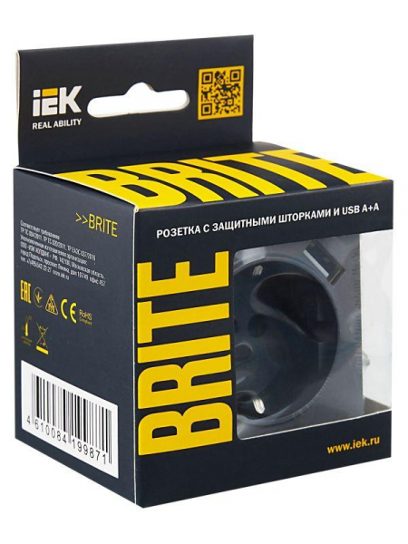 Розетка BRITE РЮш10-1-БрМ 16А с USB A+A 2.1А с заземл. защ. шторки механизм маренго IEK BR-R14-16-U21-D21-K35 ТехноИмпульс