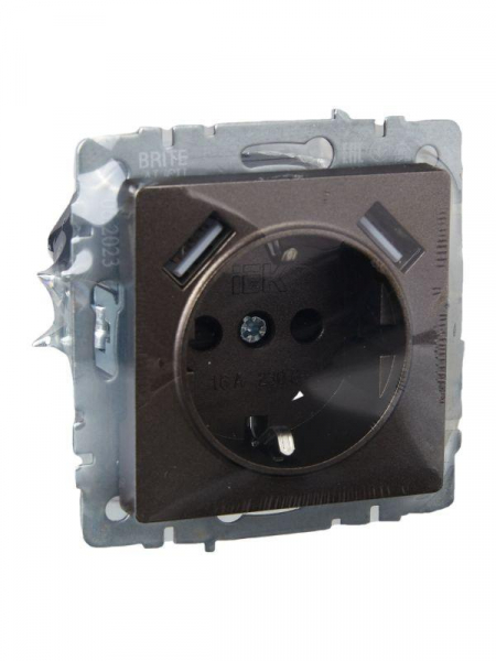 Розетка BRITE РЮш10-1-БрТБ 16А с USB A+A 2.1А с заземл. защ. шторки темн. механизм бронза IEK BR-R14-16-U21-D21-K45 ТехноИмпульс