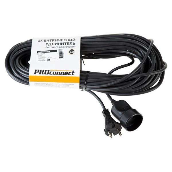 Удлинитель-шнур 1х20м без заземл. 6А IP20 1.3кВт ПВС 2х0.75 черн. PROCONNECT 11-7115 ТехноИмпульс