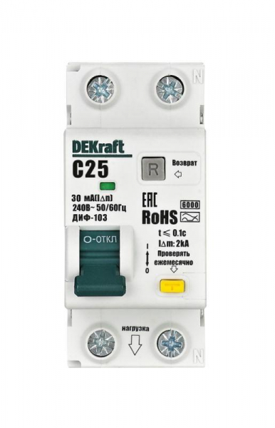Выключатель автоматический дифференциального тока (АВДТ) 1P+N 25А 30мА AC х-ка C ДИФ-103 6кА DEKraft 16313DEK ТехноИмпульс