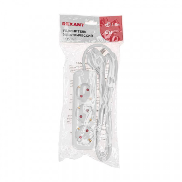 Удлинитель 3х1.5м с заземл. STANDARD 3х1кв.мм бел. Rexant 13-4009 ТехноИмпульс