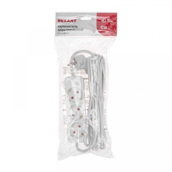 Удлинитель 3х5м с заземл. STANDARD 3х1кв.мм бел. Rexant 13-4011 ТехноИмпульс