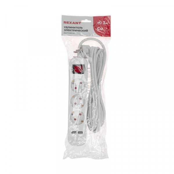 Удлинитель 3х3м с заземл. STANDARD 2хUSB 3х1кв.мм с выкл. бел. Rexant 13-4016 ТехноИмпульс