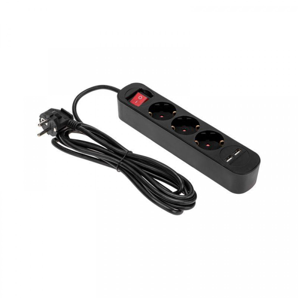 Удлинитель 3х3м с заземл. STANDARD 2хUSB 3х1кв.мм с выкл. черн. Rexant 13-4022 ТехноИмпульс