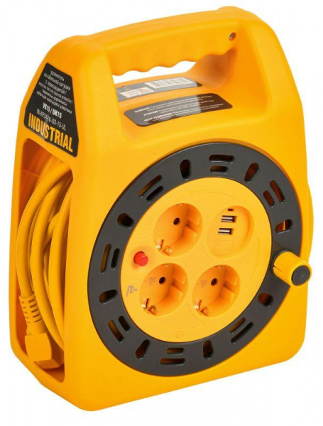 Удлинитель на катушке 3х15м с заземл. Industrial УК15 2P+PE 3х1.5кв.мм USBх2 LED термозащита IEK IN-KP24-16-03-15-UL ТехноИмпульс