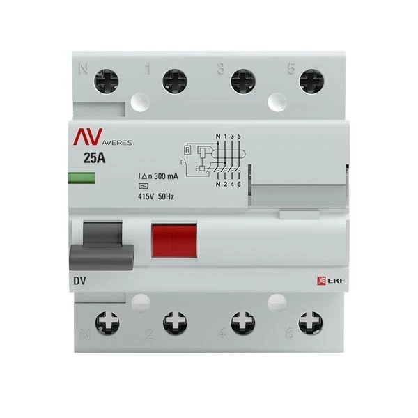 Выключатель дифференциального тока (УЗО) 4п 25А 300мА тип AC DV AVERES EKF rccb-4-25-300-ac-av ТехноИмпульс