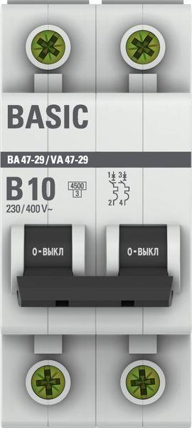 Выключатель автоматический модульный 2п B 10А 4.5кА ВА 47-29 Basic EKF mcb4729-2-10-B ТехноИмпульс