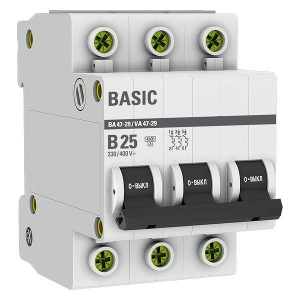 Выключатель автоматический модульный 3п B 25А 4.5кА ВА 47-29 Basic EKF mcb4729-3-25-B ТехноИмпульс