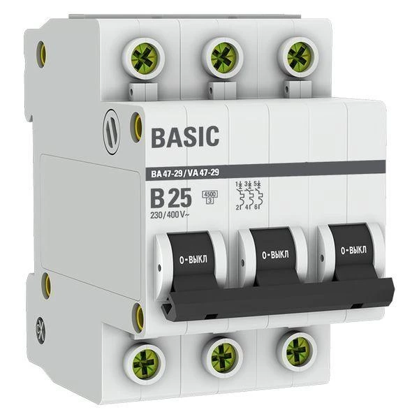 Выключатель автоматический модульный 3п B 25А 4.5кА ВА 47-29 Basic EKF mcb4729-3-25-B ТехноИмпульс