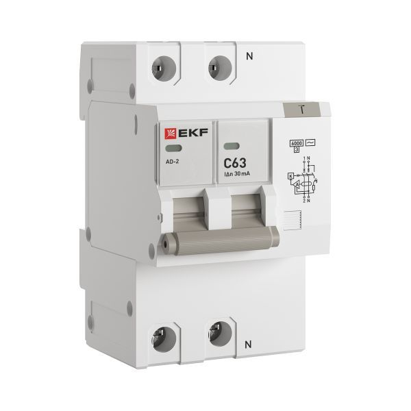 Выключатель автоматический дифференциального тока C 63А 30мА тип AC 6кА АД-2 (электрон.) защита 270В PROxima EKF DA2-6-63-30-pro ТехноИмпульс