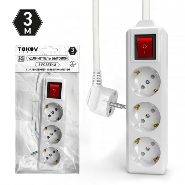 Удлинитель 3х3м с заземл. с выкл. 10А 3х1.5 TOKOV LIGHT TKL-C01-BU3-3-1.5-ZV ТехноИмпульс