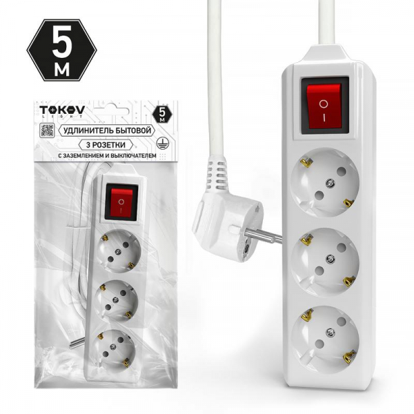 Удлинитель 3х5м с заземл. с выкл. 10А 3х1.5 TOKOV LIGHT TKL-C01-BU3-5-1.5-ZV ТехноИмпульс