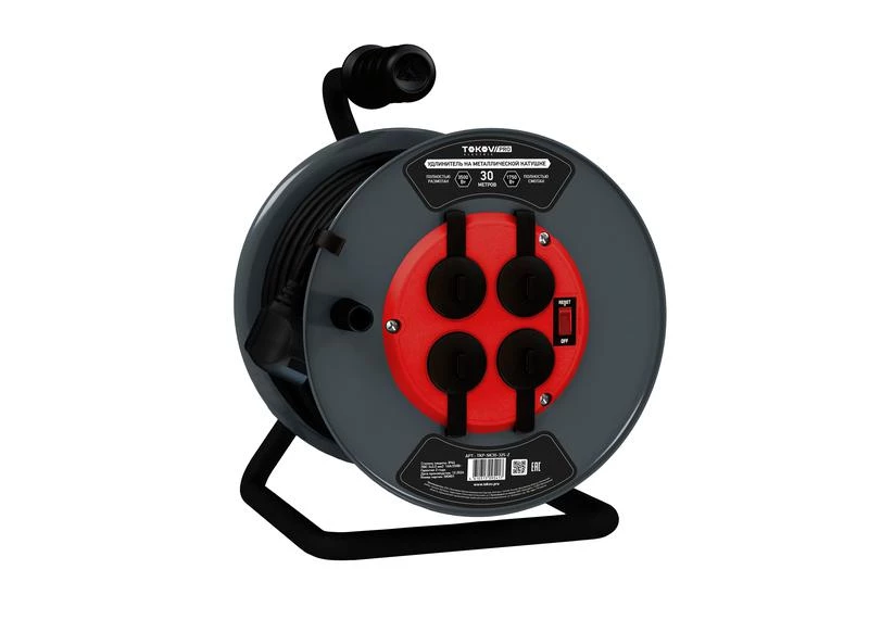 Удлинитель на метал. катушке 4х30м с заземл.16А IP44 КГ 3х1.5 с выкл. медь TOKOV ELECTRIC TKP-SK30-315-Z-KG ТехноИмпульс