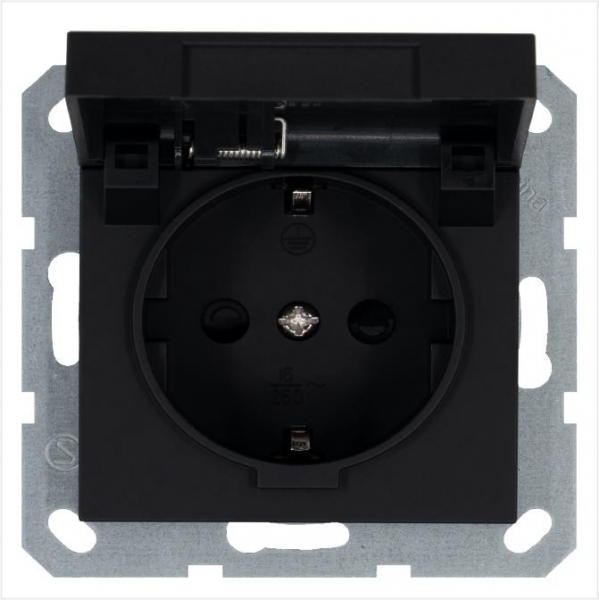 Розетка 1-м Shuko 16А IP20 с заземл. защ. шторки с крышкой механизм черн. матов. soft touch Jasmart G5505PB ТехноИмпульс