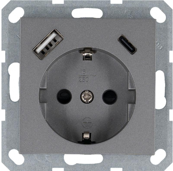 Розетка Shuko 16А с заземл. защ. шторки с 2-мя заряд. устройствами USB тип A+C 25Вт механизм алюм. Jasmart G5501USB-25S ТехноИмпульс