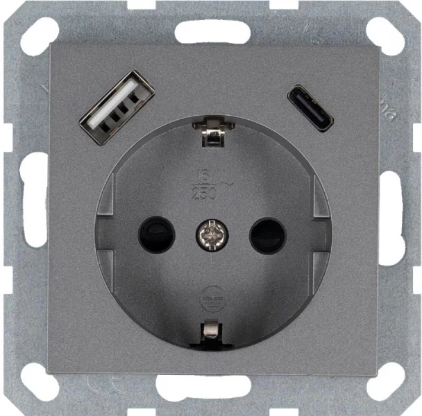 Розетка Shuko 16А с заземл. защ. шторки с 2-мя заряд. устройствами USB тип A+C 25Вт механизм алюм. Jasmart G5501USB-25S ТехноИмпульс