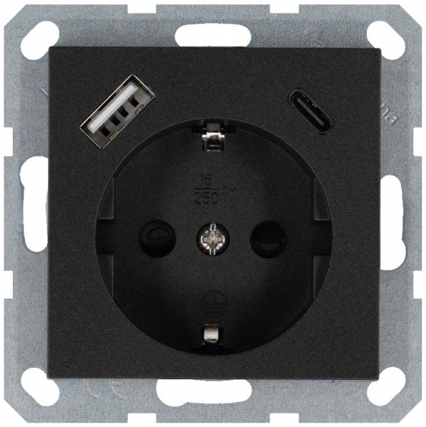 Розетка Shuko 16А с заземл. защ. шторки с 2-мя заряд. устройствами USB тип A+C 25Вт механизм антрацит Jasmart G5501USB-25B ТехноИмпульс