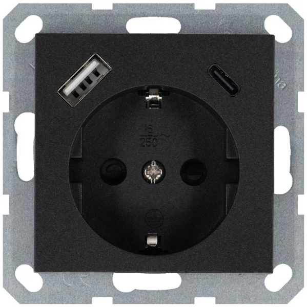Розетка Shuko 16А с заземл. защ. шторки с 2-мя заряд. устройствами USB тип A+C 25Вт механизм антрацит Jasmart G5501USB-25B ТехноИмпульс