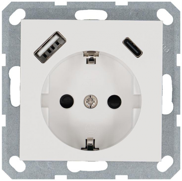 Розетка Shuko 16А с заземл. защ. шторки с 2-мя заряд. устройствами USB тип A+C 25Вт механизм бел. глянцевый Jasmart G5501USB-25W ТехноИмпульс