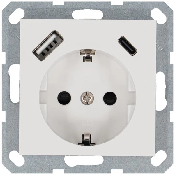 Розетка Shuko 16А с заземл. защ. шторки с 2-мя заряд. устройствами USB тип A+C 25Вт механизм бел. глянцевый Jasmart G5501USB-25W ТехноИмпульс